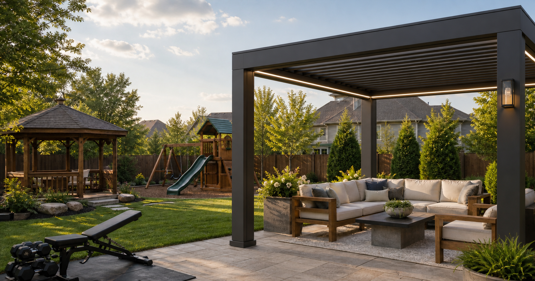 A completed backyard installation with an aluminum pergola, outdoor furniture, gazebo, playset, and fitness equipment