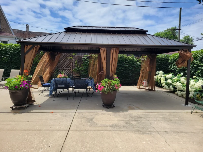 10 × 20 Aluminum Hardtop Gazebo with Curtains after assembly